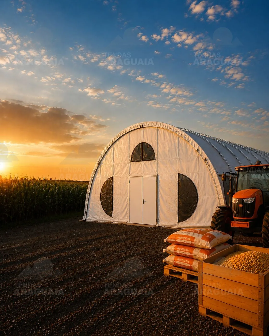 Tenda no agronegócio ao pôr do sol